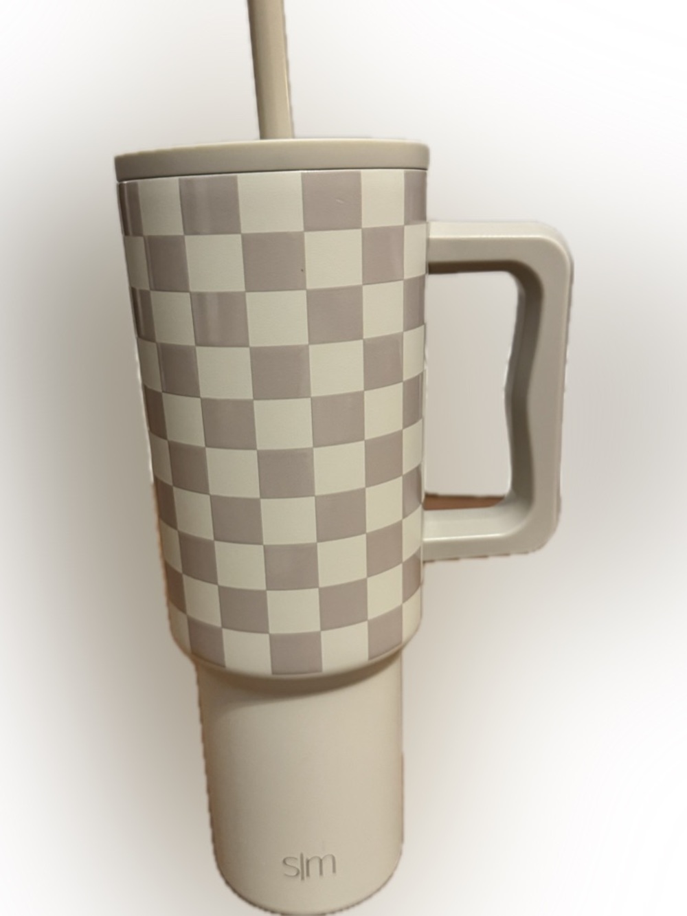 Checkered Insulated Travel Mug with Handle - Beige & Cream